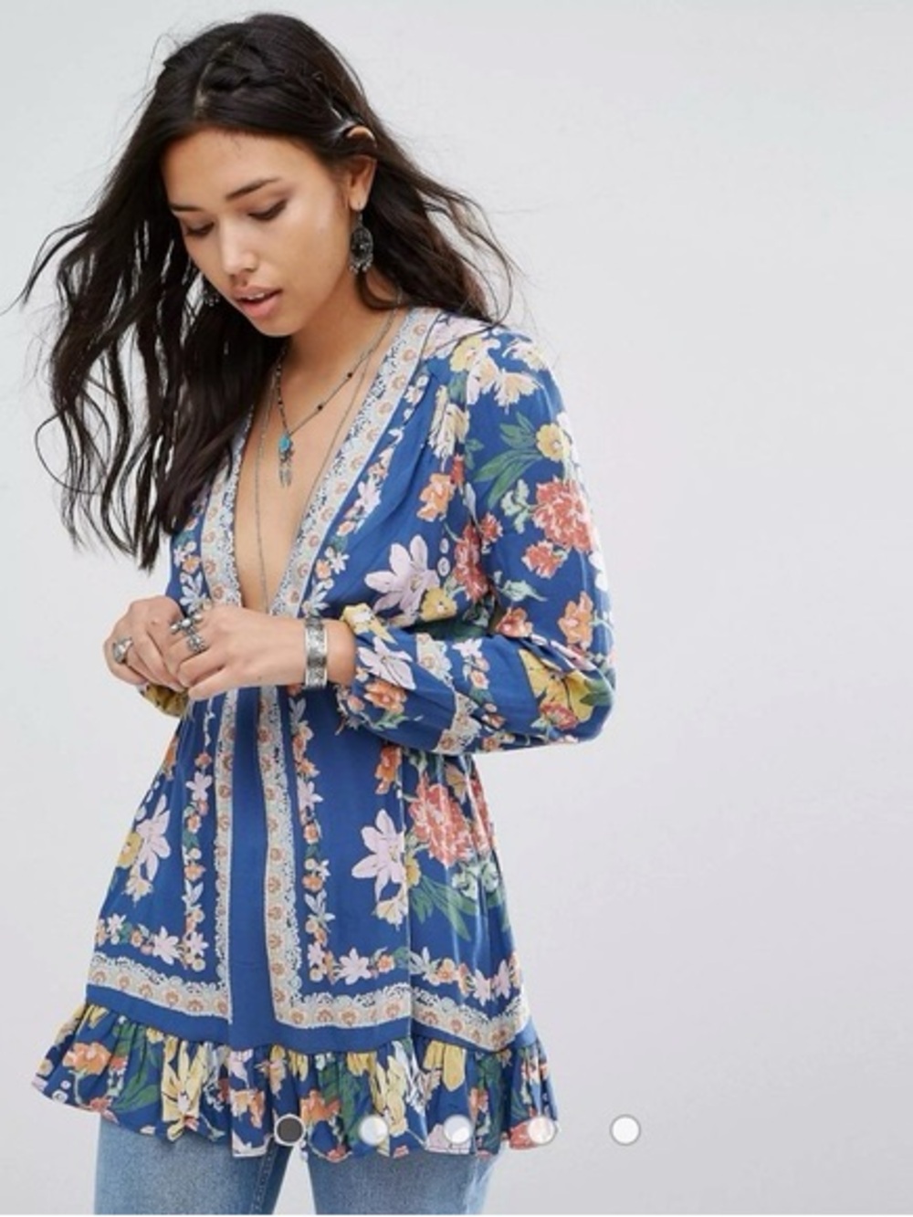 Free People - Violet Hill Colorful Floral Deep V Neck Long Sleeve Blouse Size 0